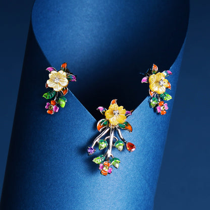 Raisaa 925 Mother Of Pearl Pendant and Earrings Set (Yellow Flower)